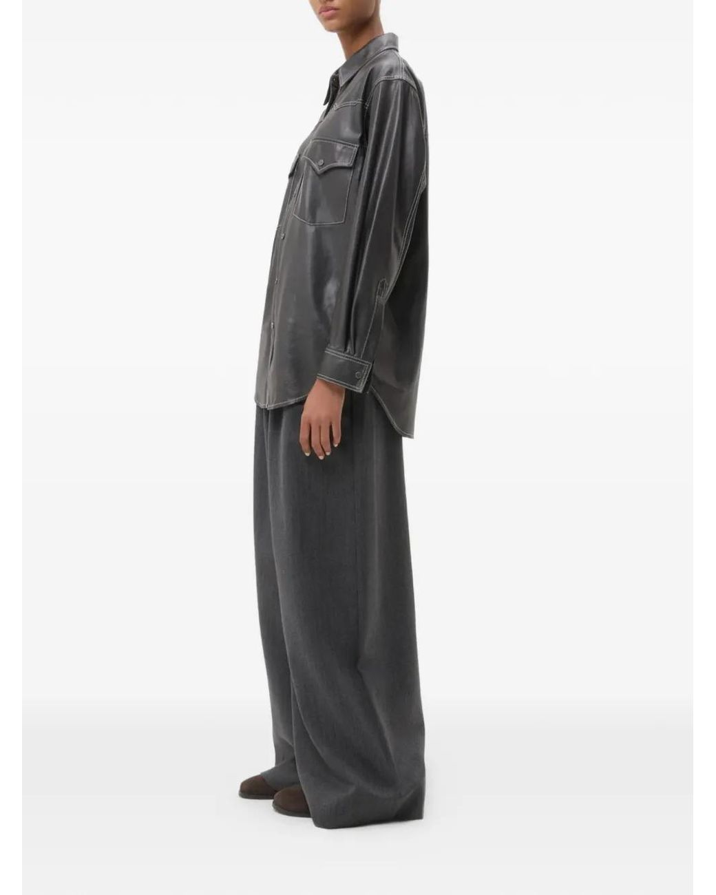 Twp Gray Contrast-Stitch Leather Shirt