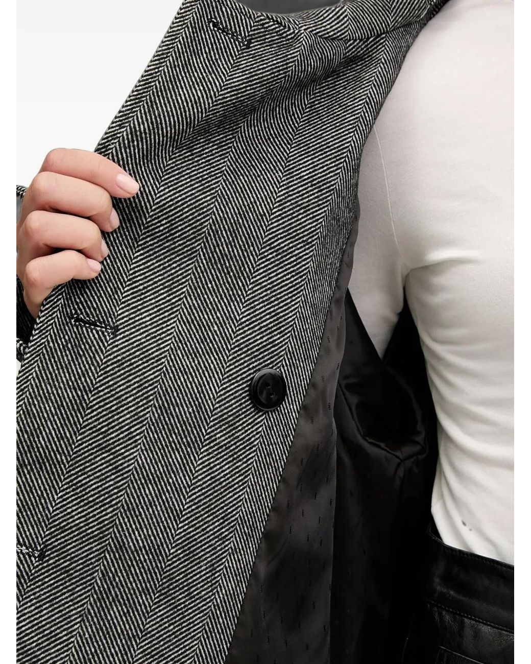 Gestuz Gray Herringbone-Pattern Double-Breasted Coat