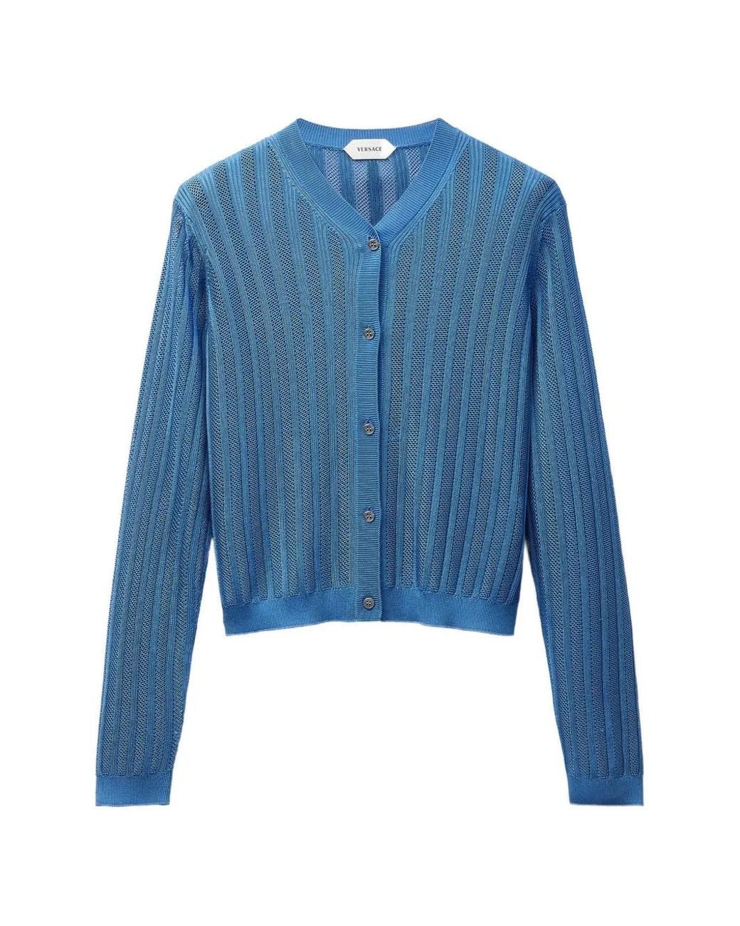 Versace Blue Viscose Mesh Ribbed Knit Cardigan