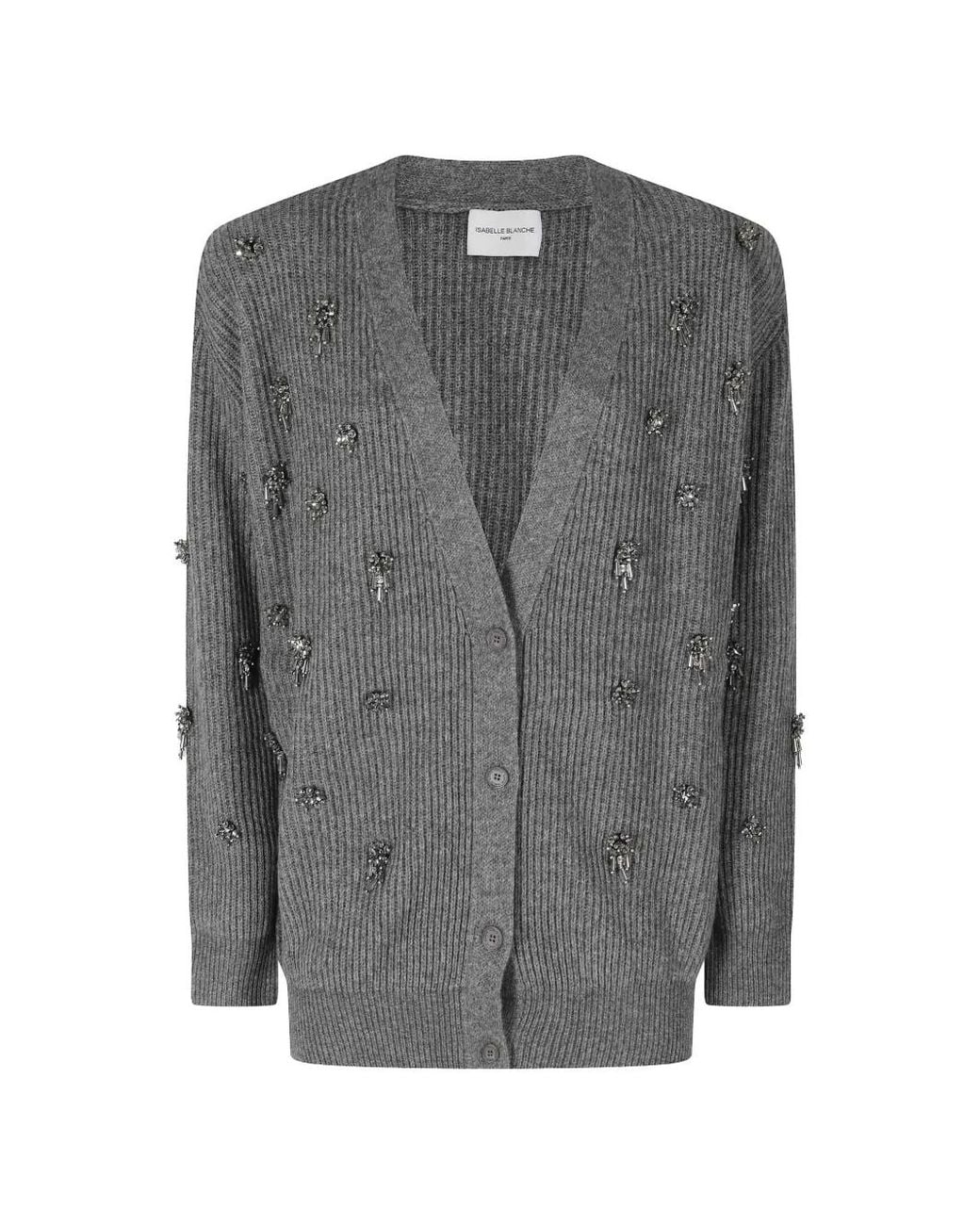 Isabelle Blanche Gray Crystal-Embellished Ribbed-Knit Wool Cardigan