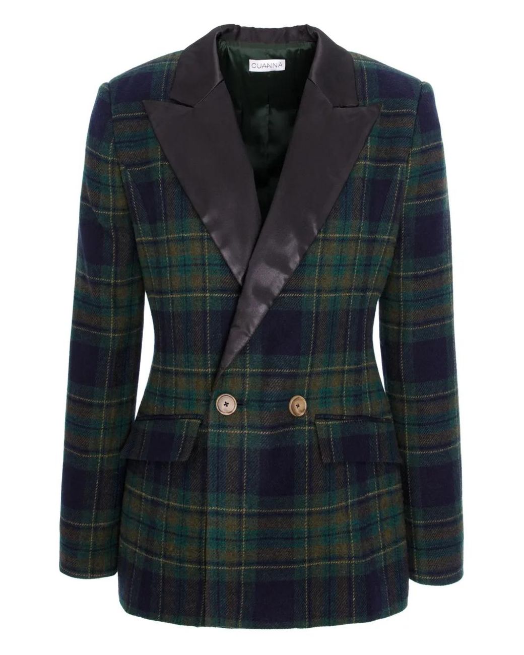 CuAnna Black Midi Double-Breasted Plaid-Pattern Blazer