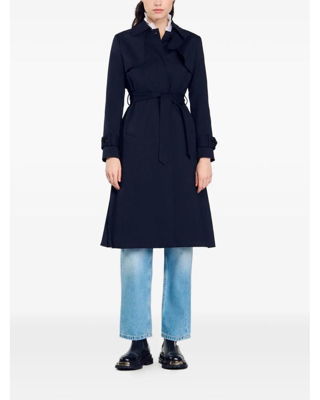 Sandro Blue Trench Coat With Pleated Inset