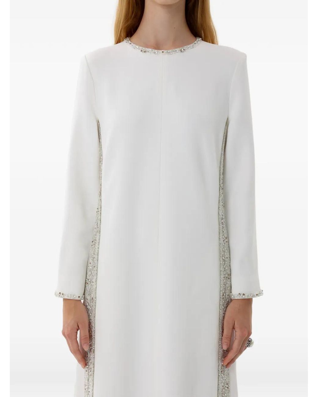 Dina Melwani White Crystal-Trim Long-Sleeve Maxi Dress