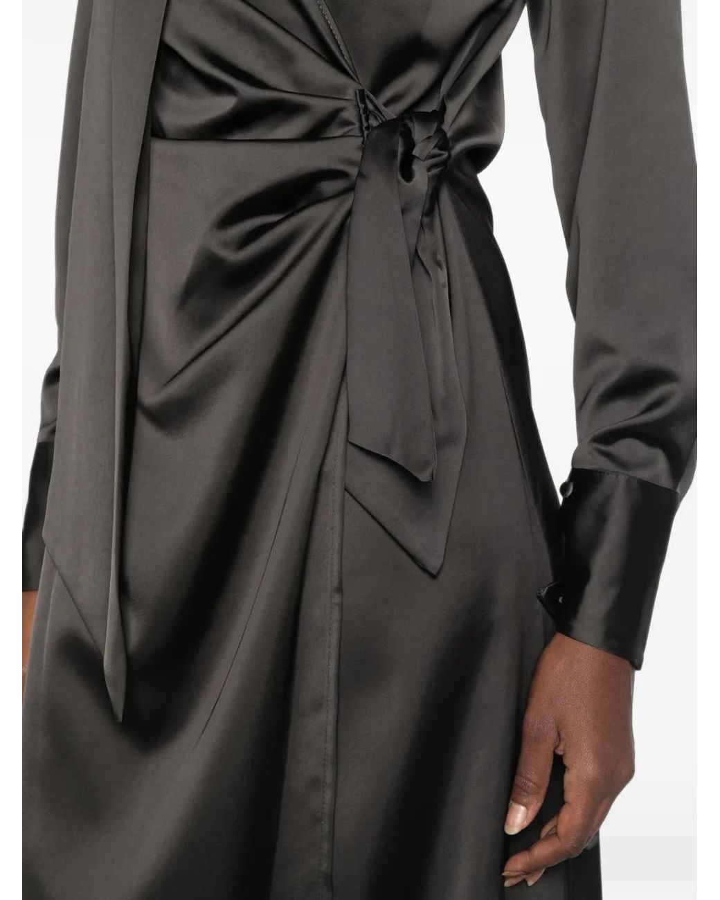 Imperial Black Satin-Finish Wrap Midi Dress