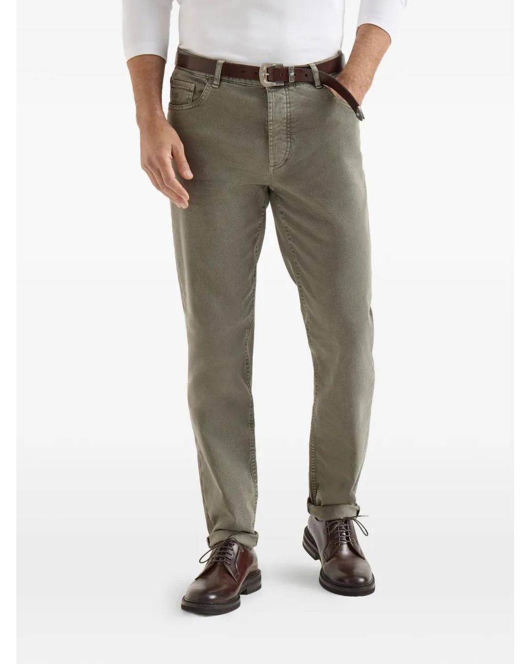 Brunello Cucinelli Gray Garment-Dyed Comfort Lightweight Denim Traditional Fit Five-Pocket Trousers for men