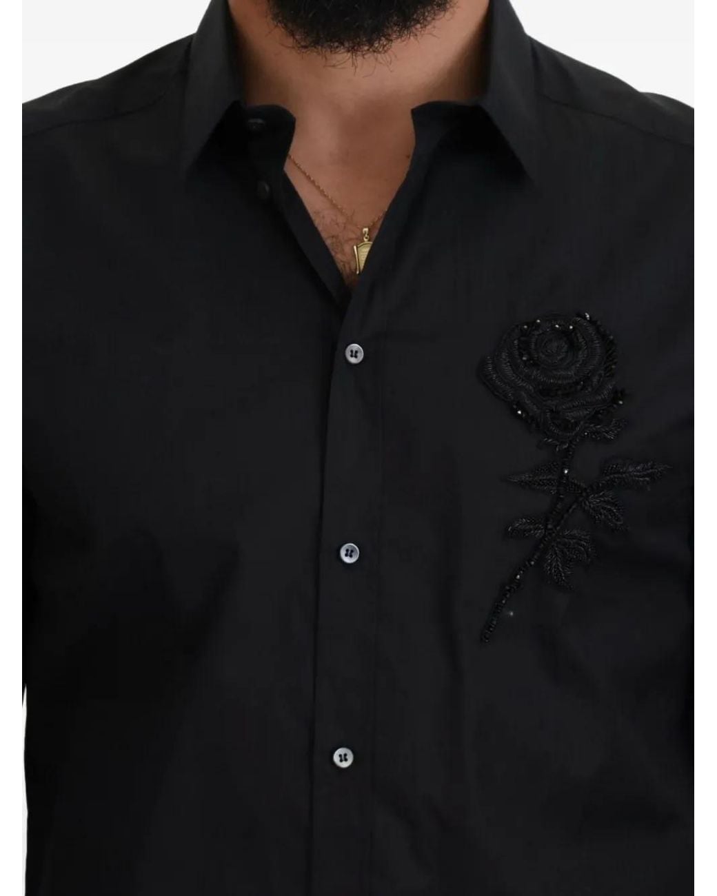 Dolce & Gabbana Black Rose-Embroidered Slim-Fit Shirt for men