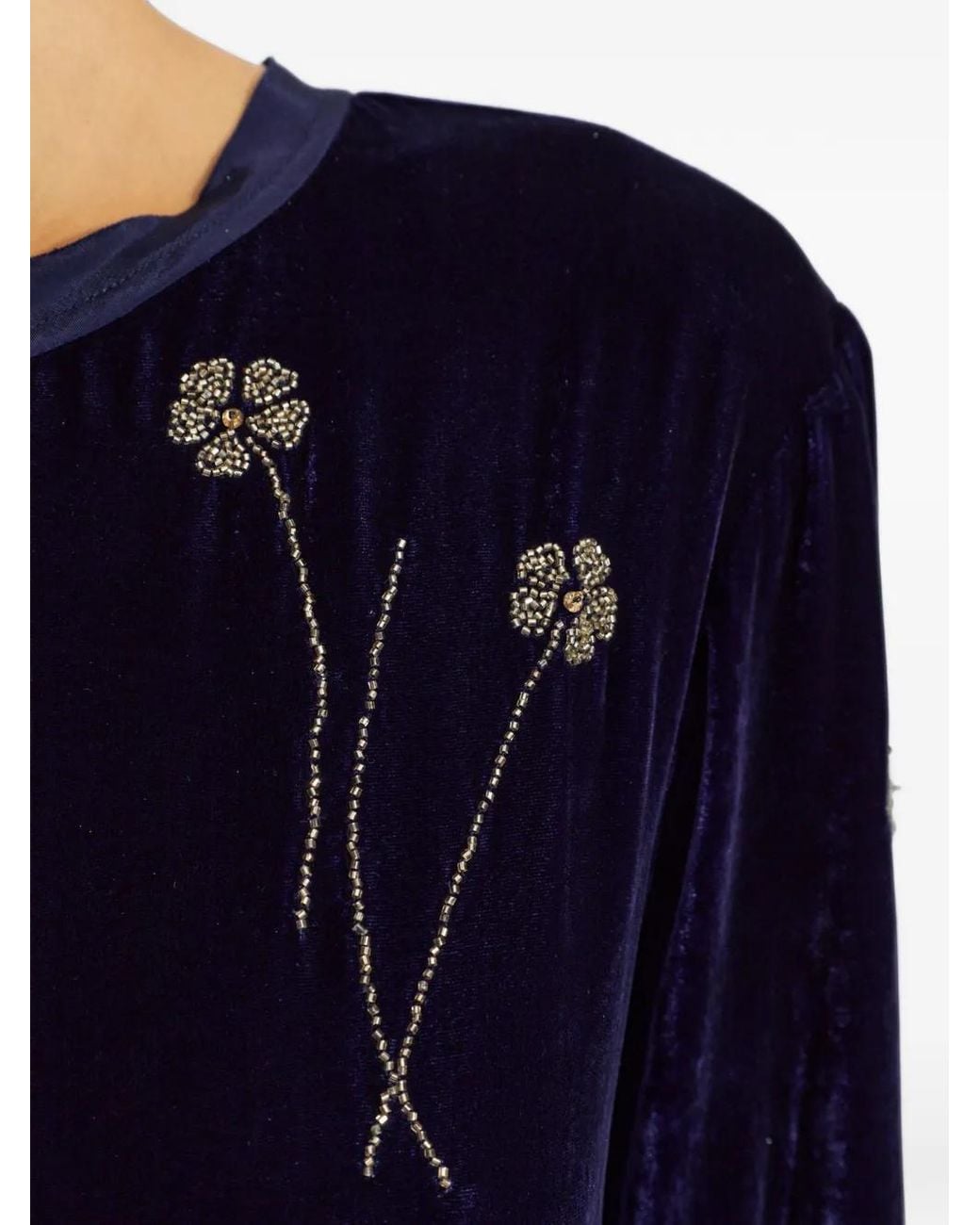 Forte_forte Blue Fleurs D'Orient Floral-Beaded Velvet Midi Dress