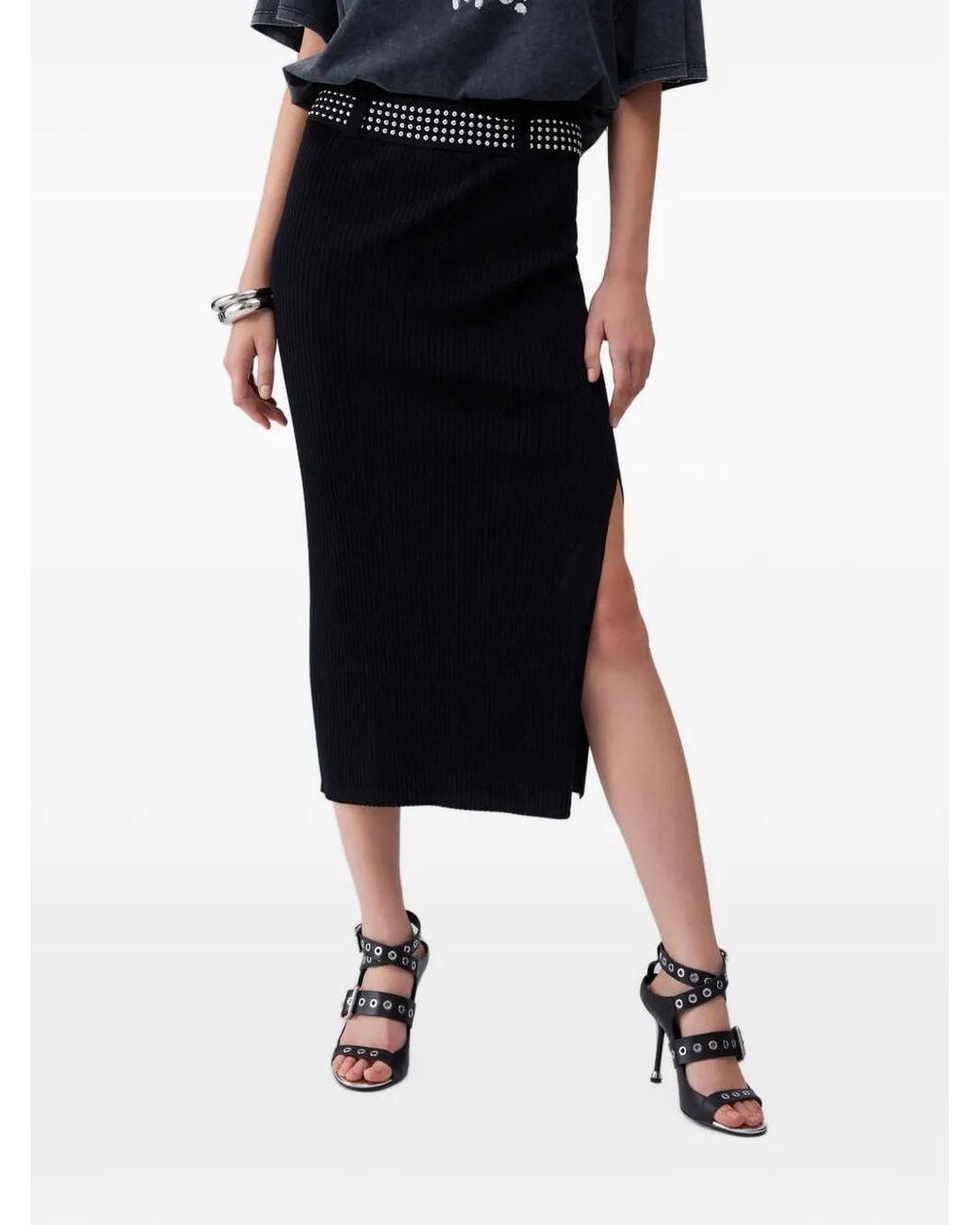 Liu Jo Black Knit Midi Skirts With Studs