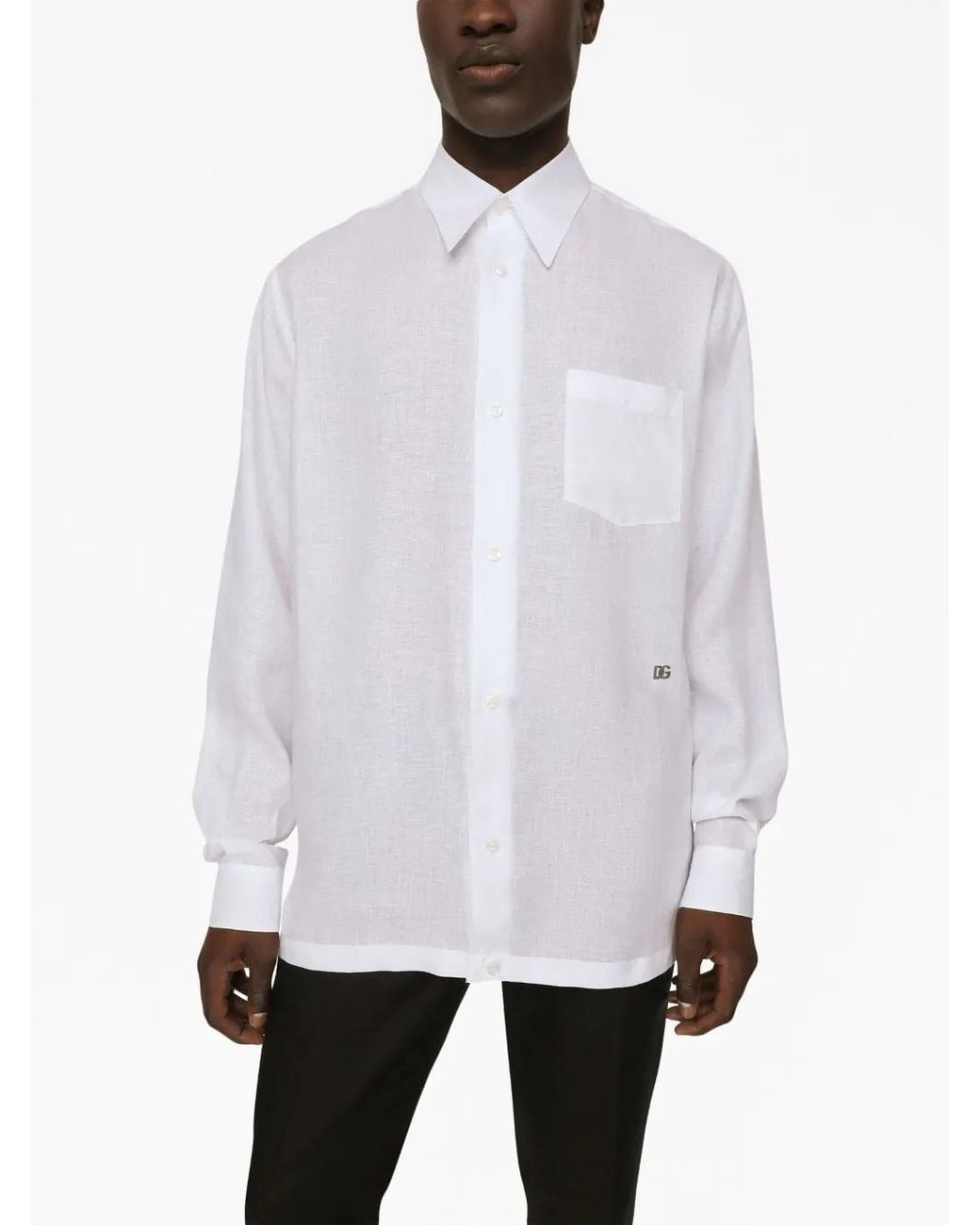 Dolce & Gabbana White Long-Sleeved Button-Up Linen Shirt for men