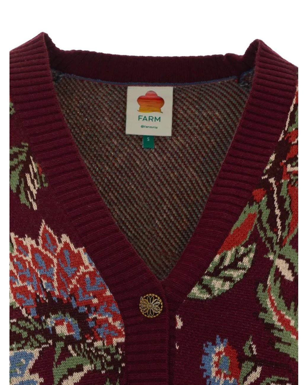 Farm Rio Red Floral-Intarsia V-Neck Cardigan