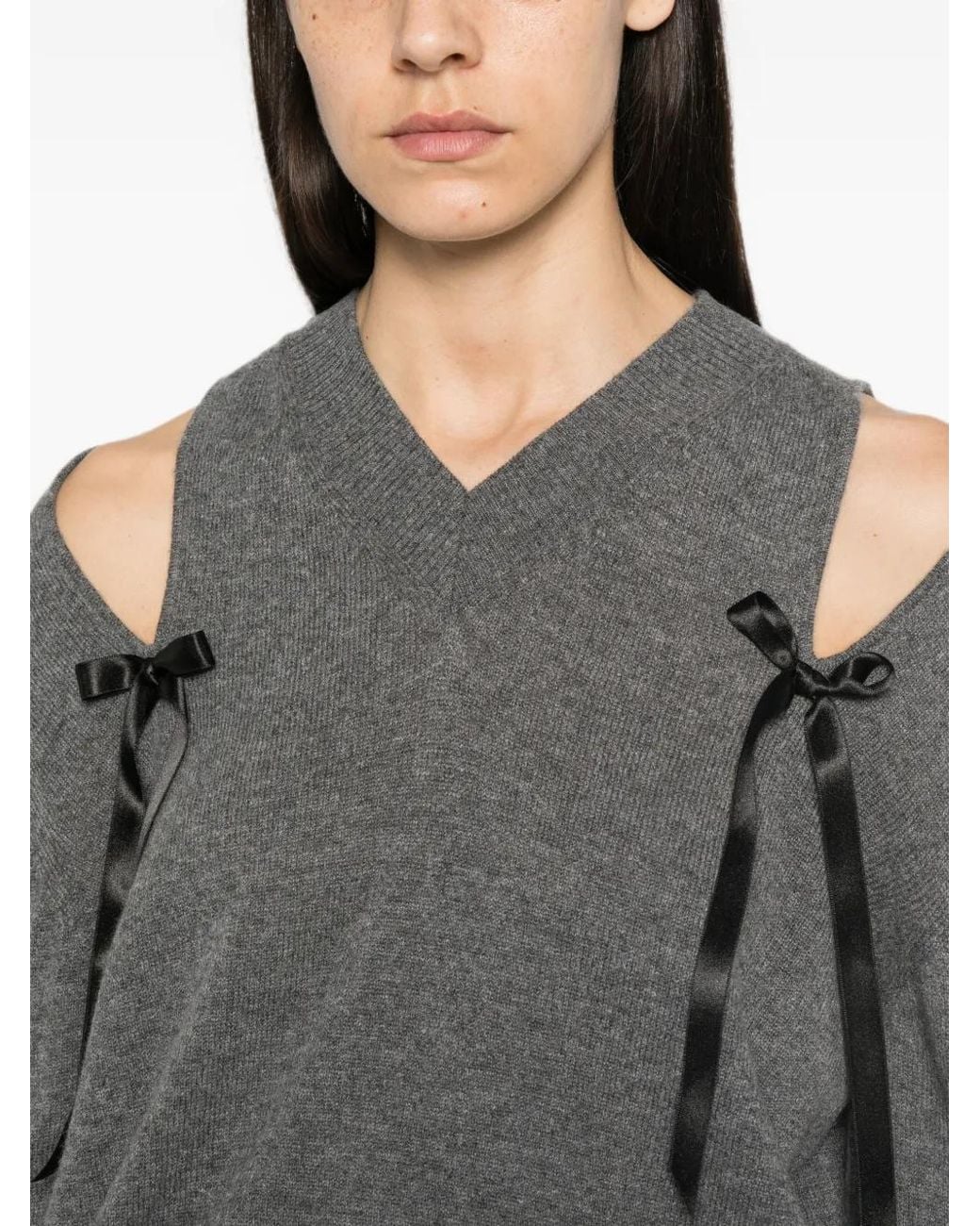 Simone Rocha Gray Bow-Embellished Cold-Shoulder Sweater