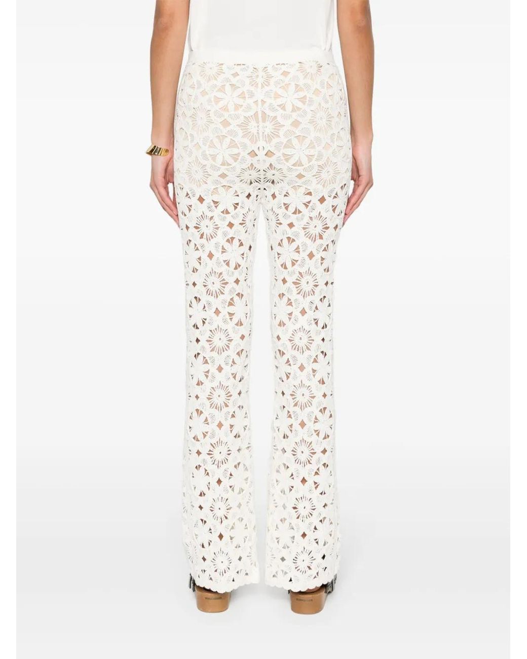 Twinset White Floral-Crochet Flared Trousers