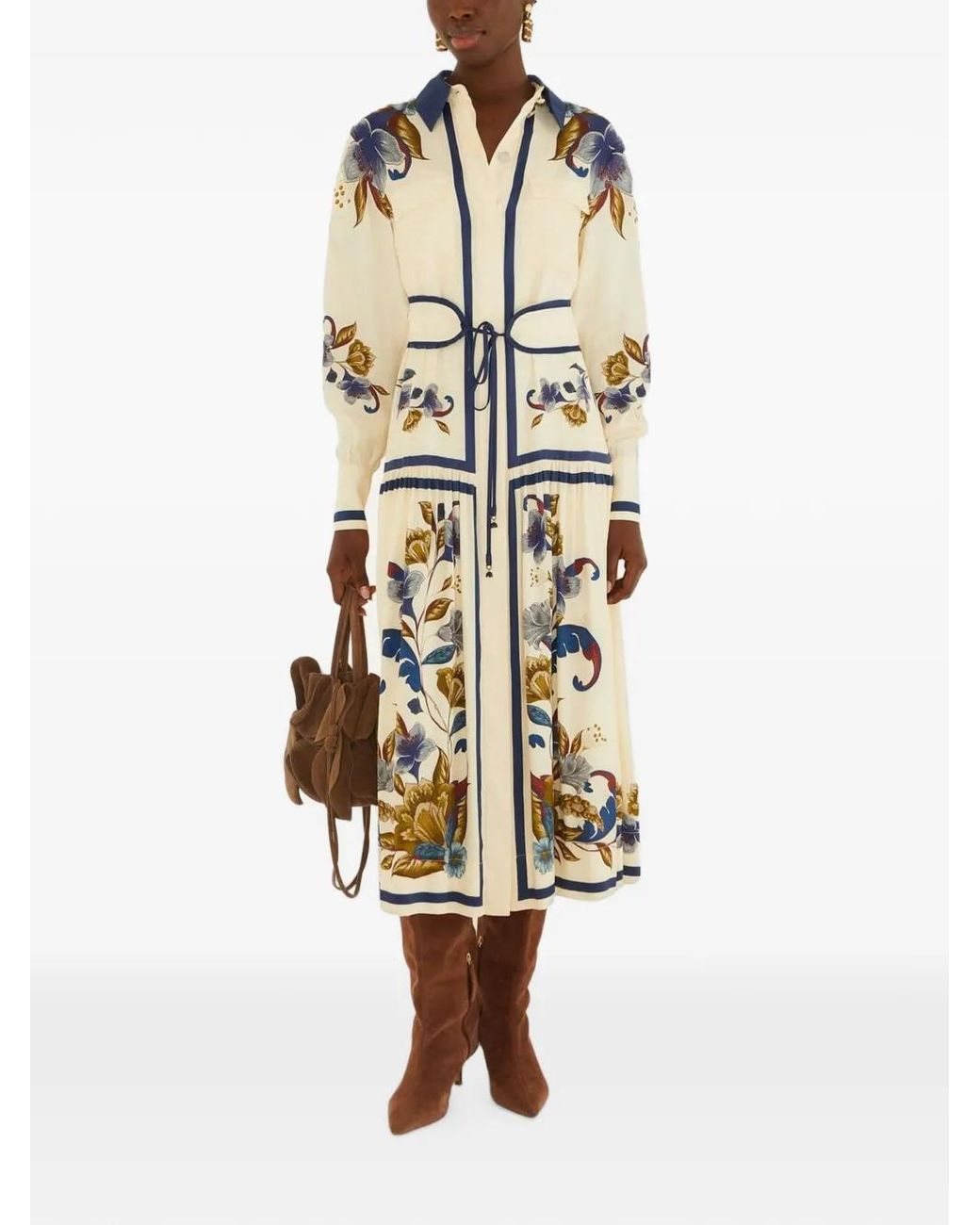 Farm Rio White Floral-Print Belted Midi Shirt Dress