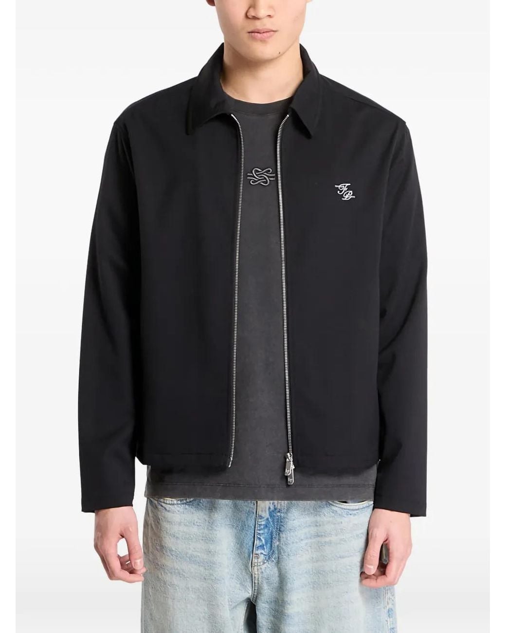 Filling Pieces Black Twill Embroidered Coach Jacket for men