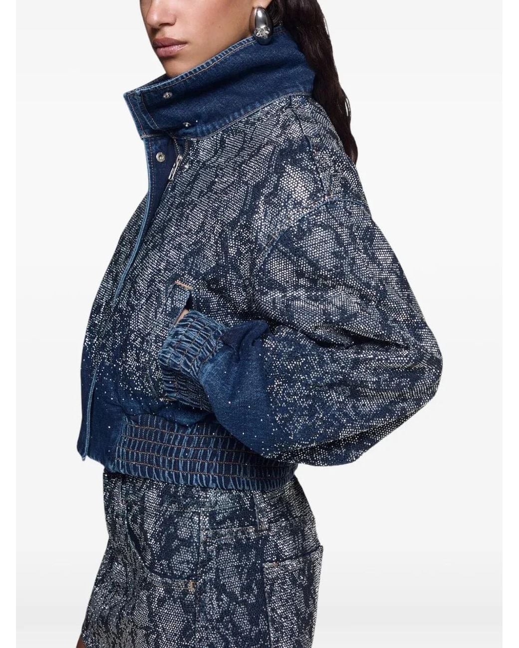 Liu Jo Blue Cropped Denim Bomber With Rhinestones