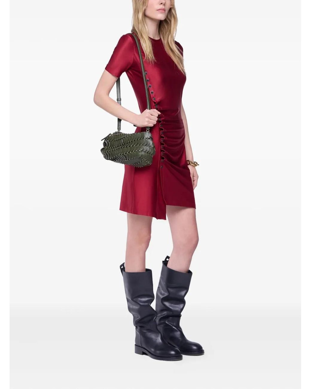 Rabanne Red Ruched Short-Sleeve Dress