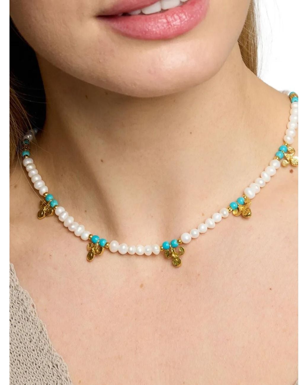 Ottoman Hands Metallic Amelie Pearl And Turqoise Beaded Necklace