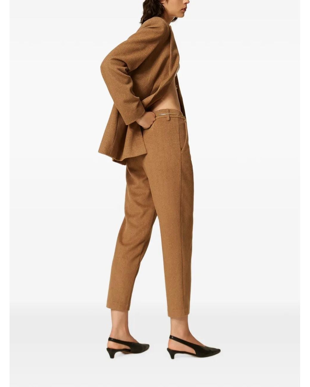 Twinset Natural Actitude Wool Blend Trousers With Chevron Pattern