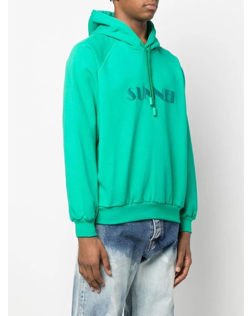 Sunnei Green Logo Drawstring Hoodie for men