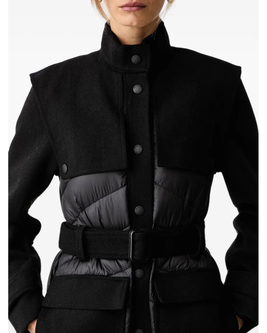 Patrizia Pepe Black Belted Quilted-Panel Coat