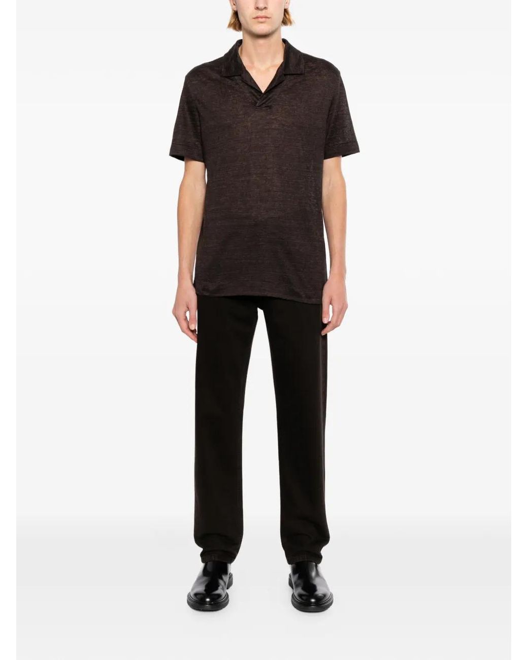 Zegna Black Oasi Lino Polo-Collar T-Shirt for men