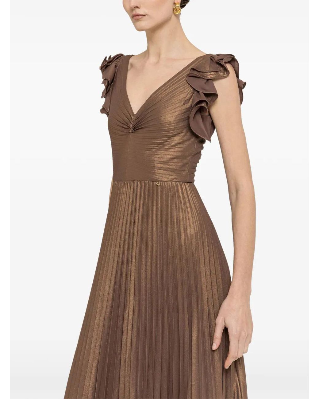 Nissa Natural Ruffled Pleated Midi Dress