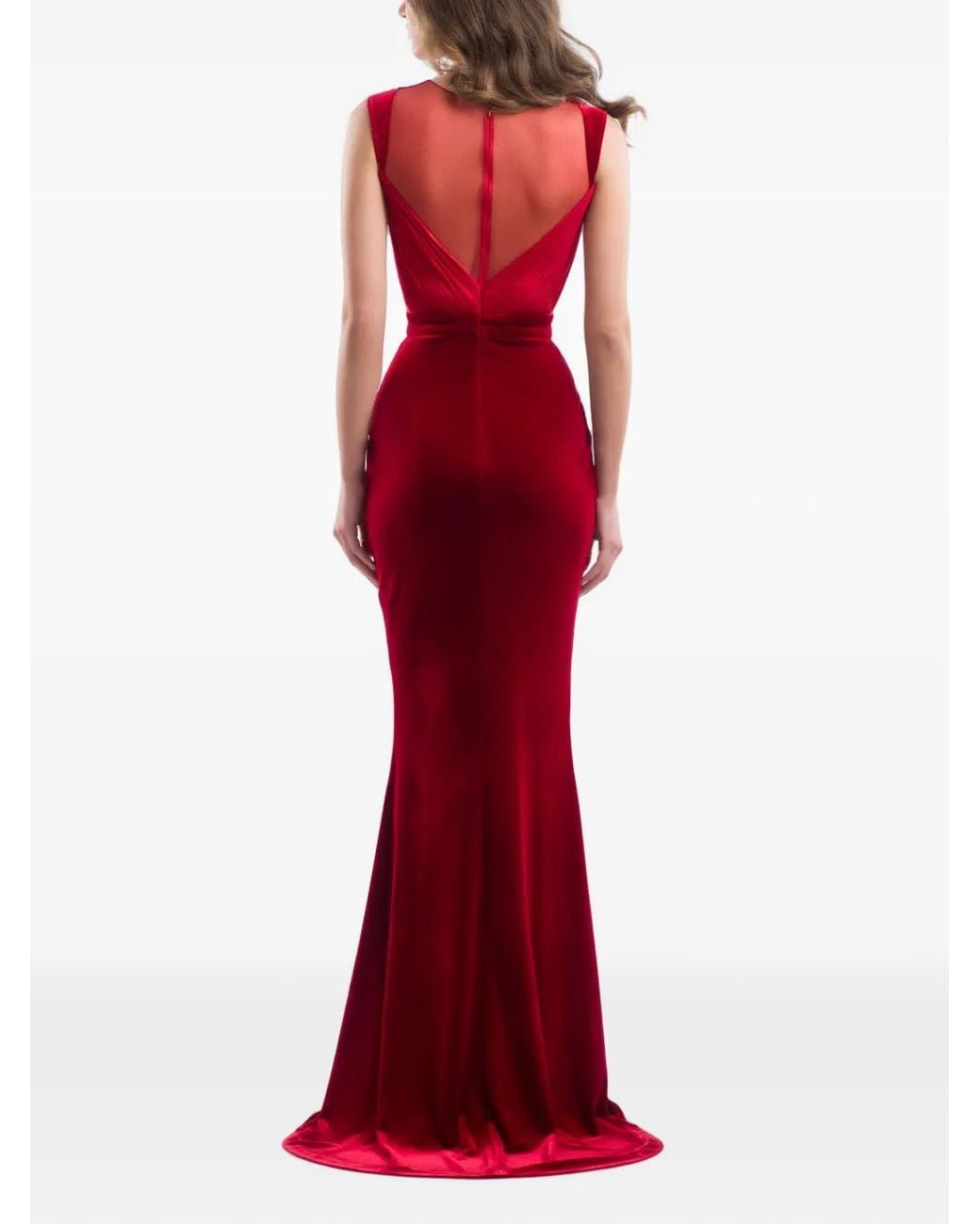 IMROSKA Red Plunging-V-Neck Draped Maxi Dress