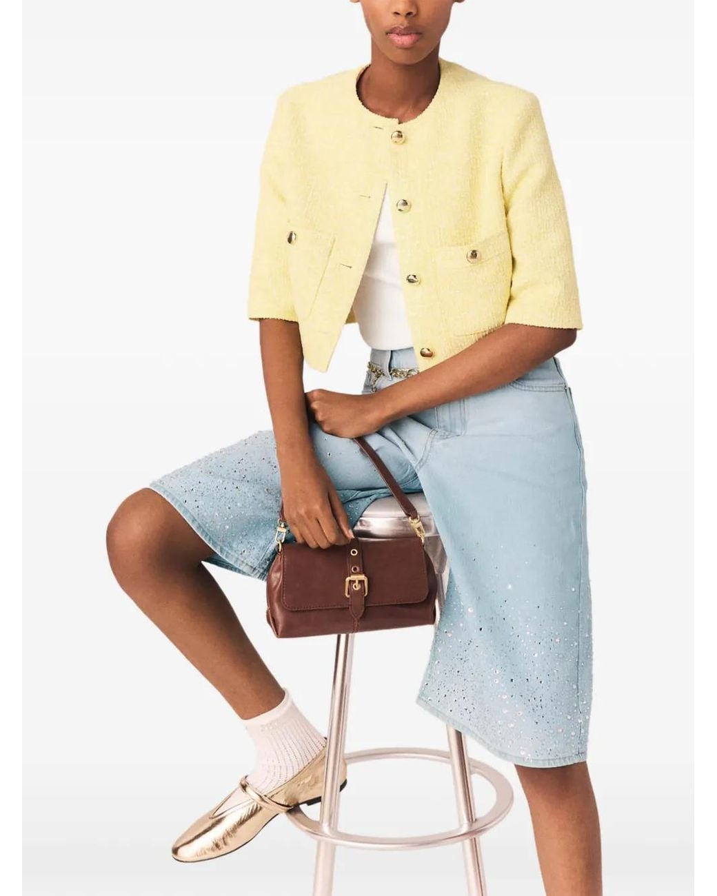 Maje Metallic Short-Sleeved Tweed Jacket