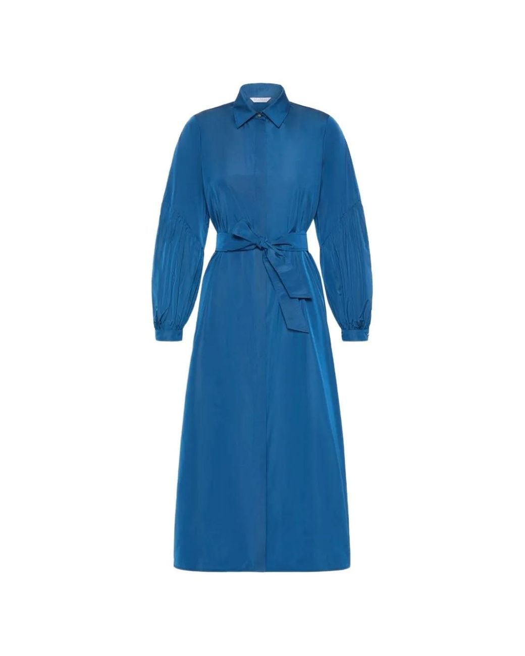 Max Mara Blue Belted Balloon-Sleeve Midi Dress