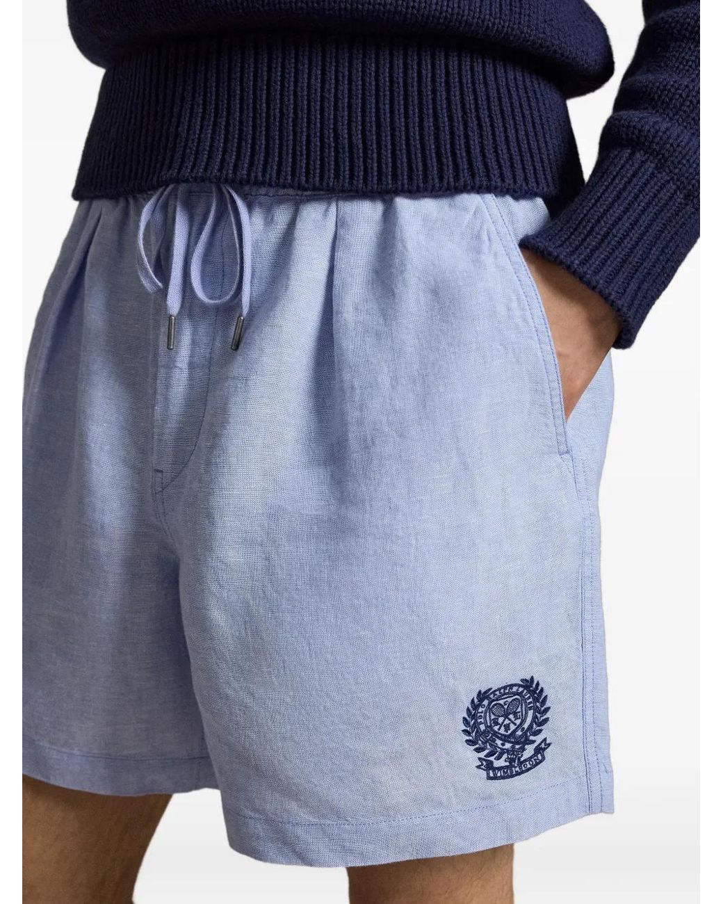 Polo Ralph Lauren Blue Wimbledon Drawstring Crest Linen Shorts for men