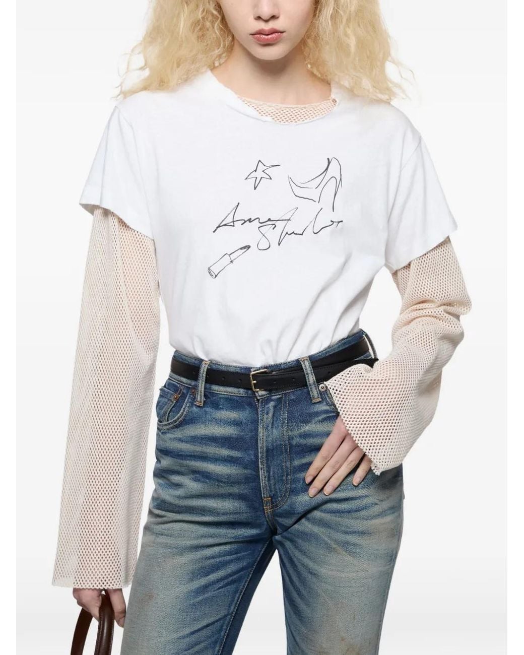 Acne White Layered Mesh T-Shirt