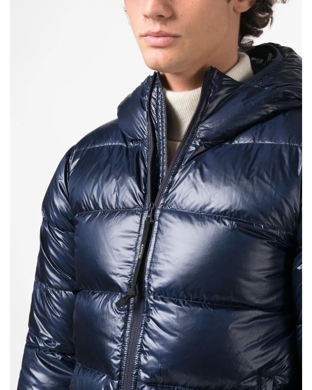Aspesi Blue Padded Feather-Down Hooded Jacket for men