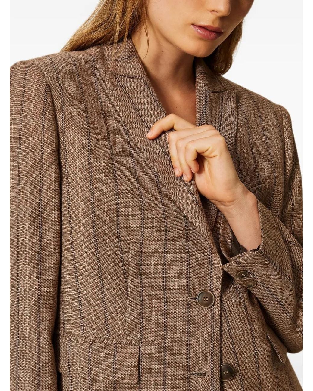 Twinset Brown Wool Blend Cropped Pinstripe Blazer