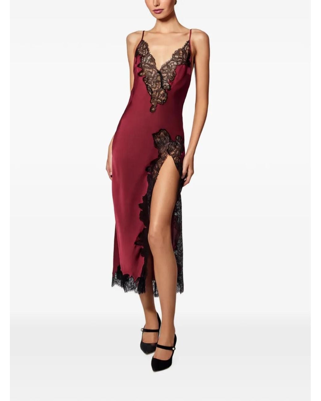 Kiki de Montparnasse Red Giselle Lace-Trim Satin Midi Dress