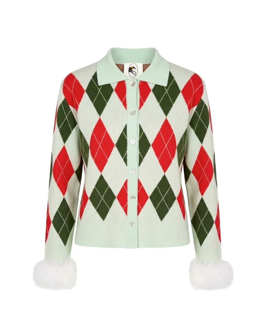 Sleeper White Argyle Feather-Trim Cardigan