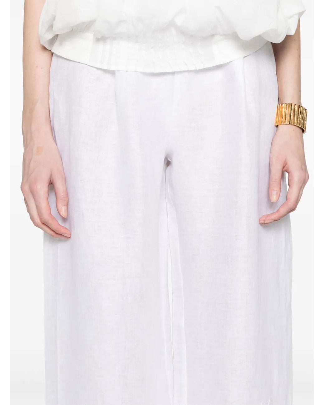 Ermanno Scervino White Wide-Leg Linen Pants With Intricate Embroidery