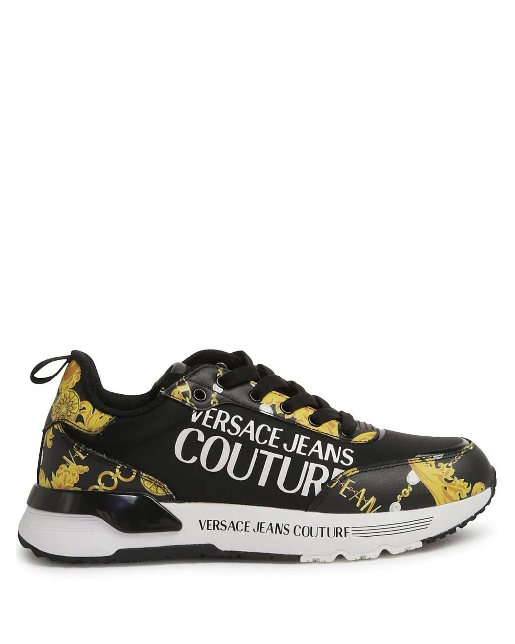 Versace Jeans Couture Black Baroque-Print Leather Lace-Up Sneakers