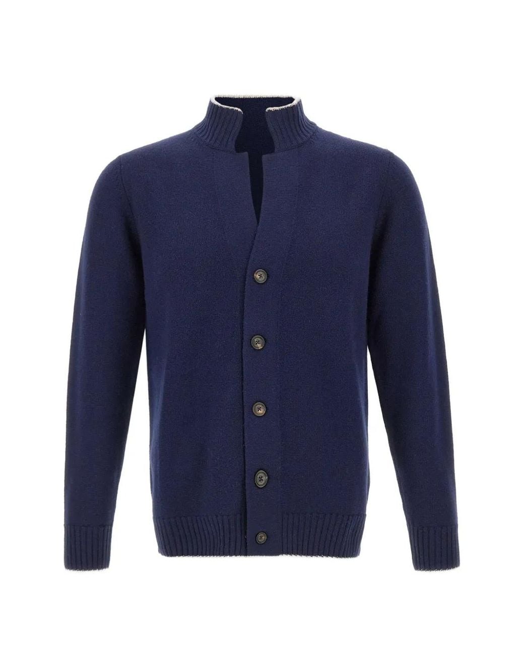 Eleventy Blue Ribbed-Trim Button-Up Cardigan for men