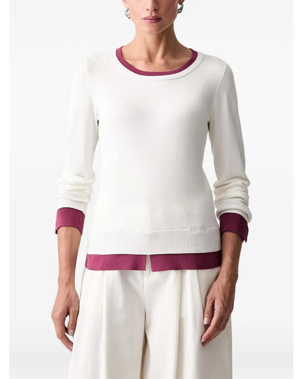 Liu Jo White Layered-Effect Ribbed-Trim Sweater