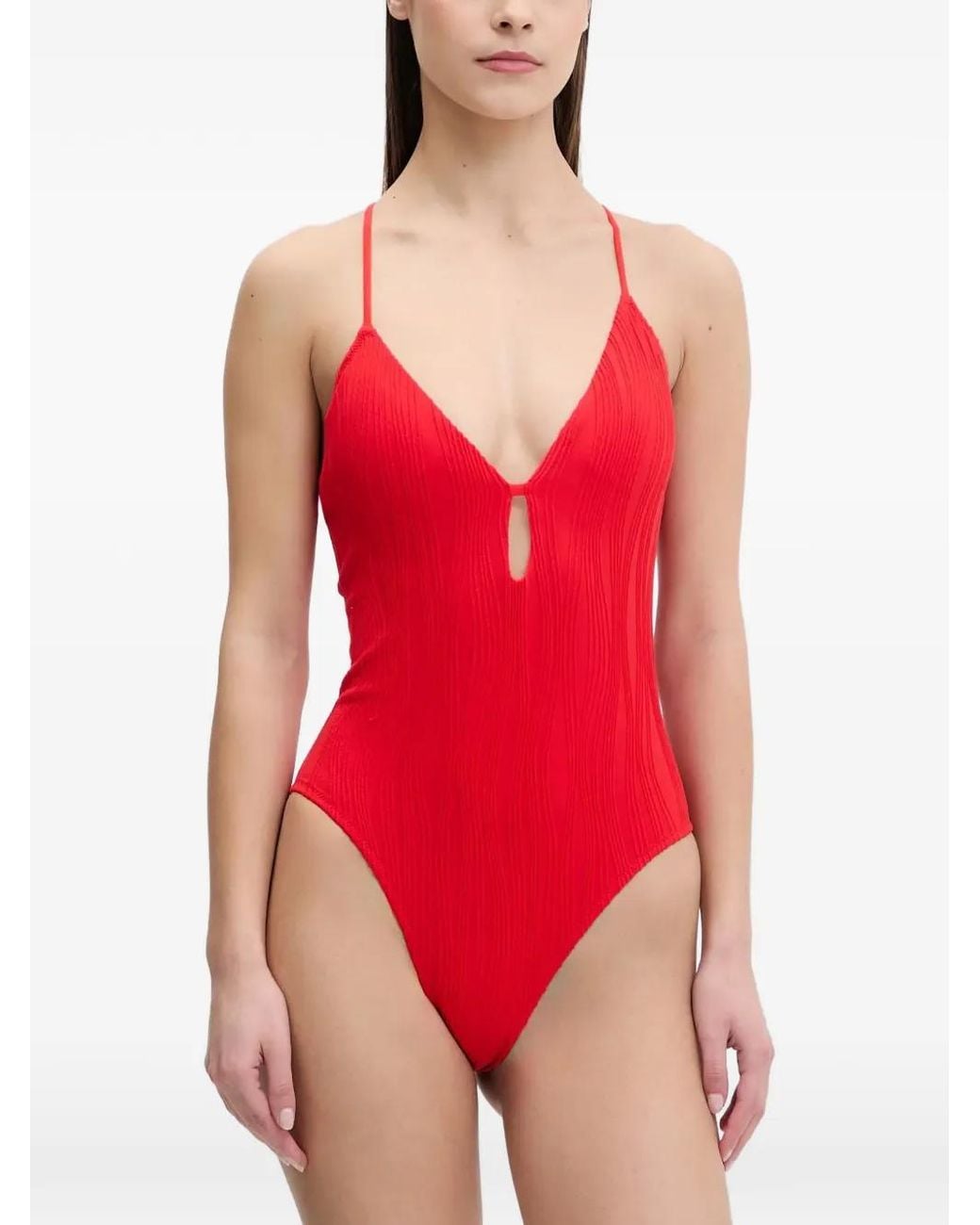 Chantelle Red Crinkled-Finish Cut-Out Swimsuit