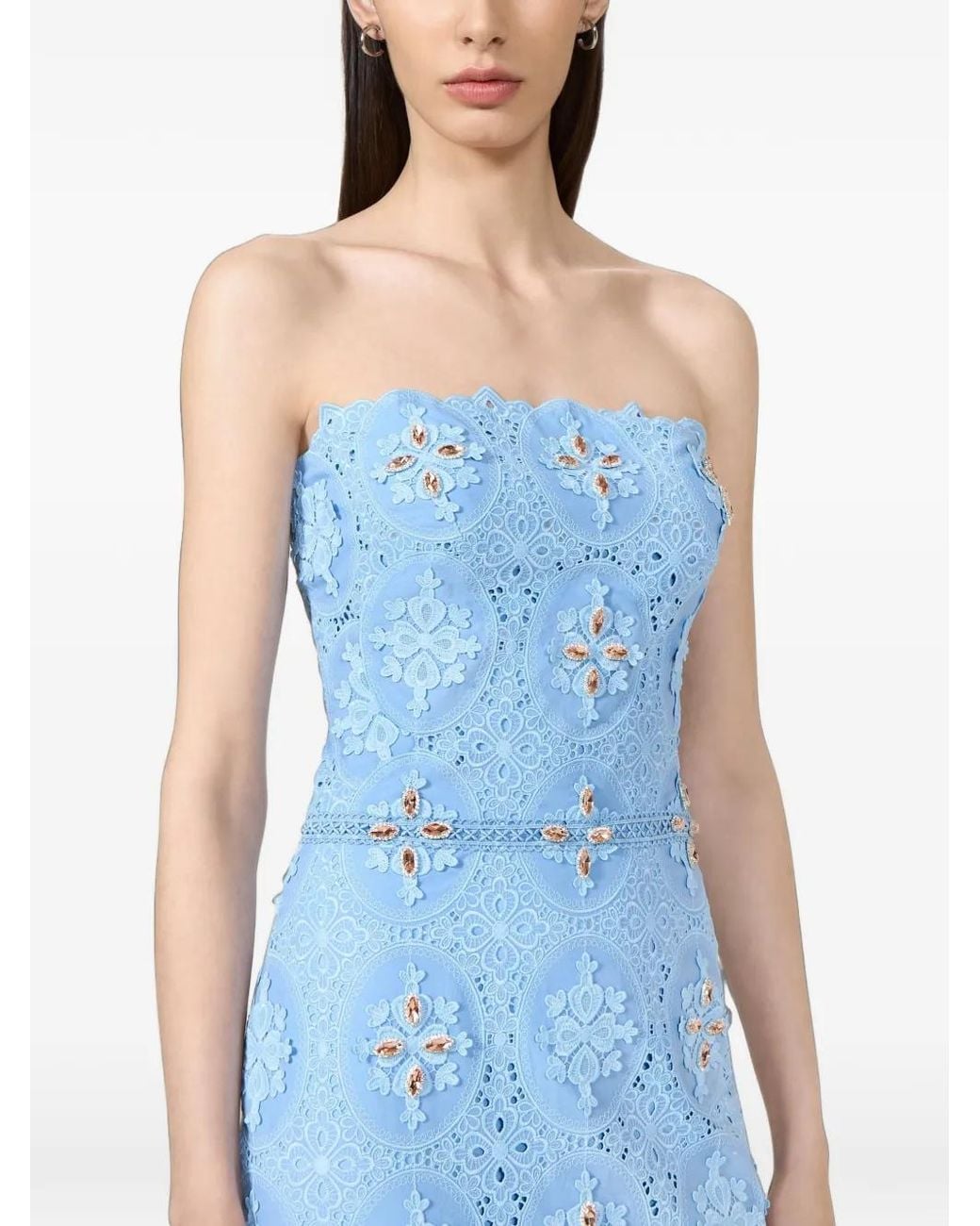 Costarellos Blue Renelle Crystal-Embellished Embroidered Midi Dress