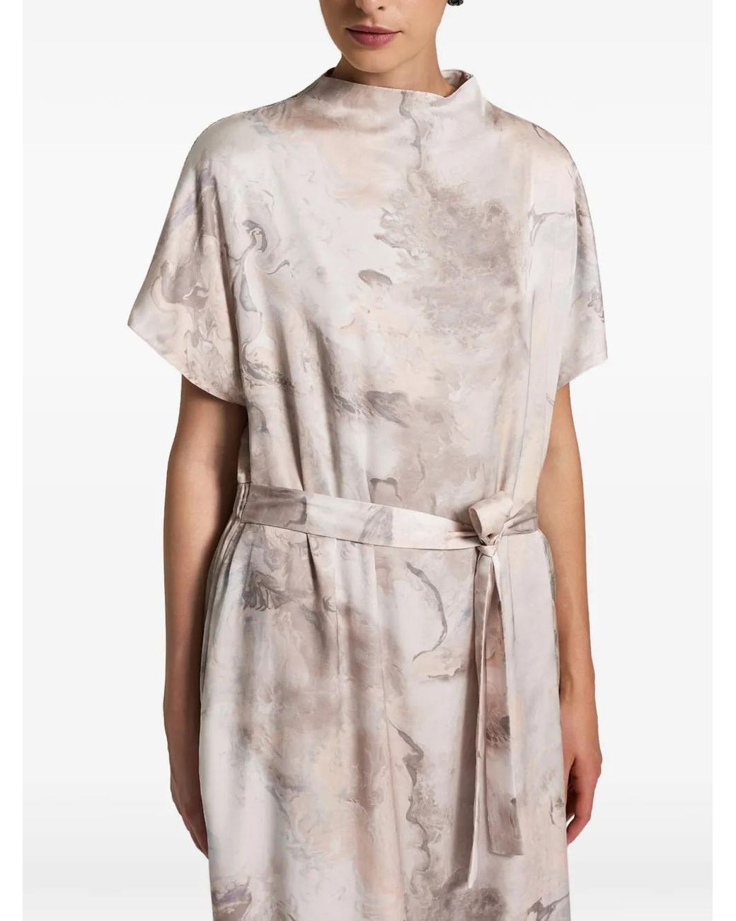 Peserico White Marble-Print Belted Midi Dress