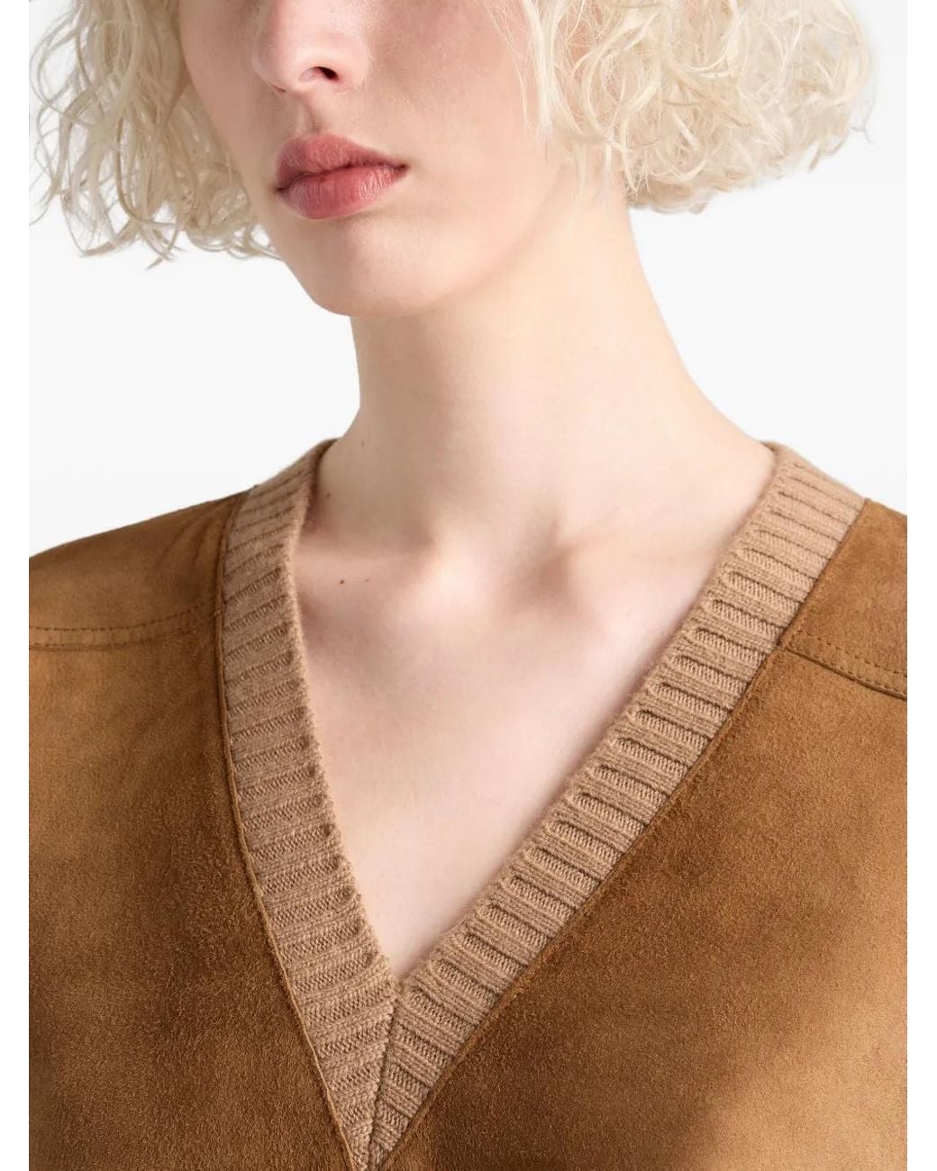 Prada Brown Suede-Panel V-Neck Sweater