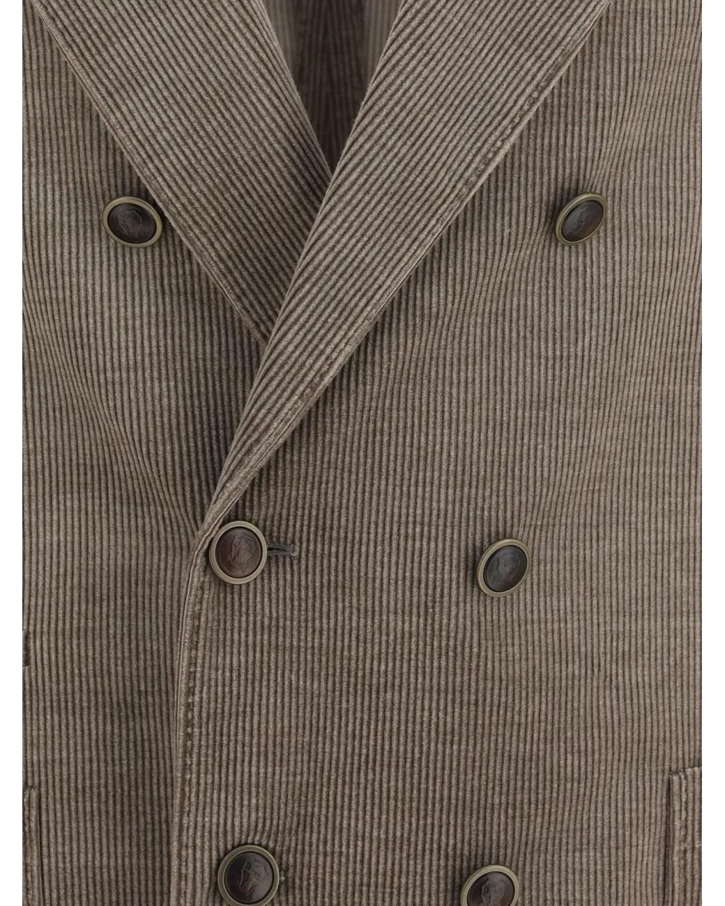 Brunello Cucinelli Brown Double-Breasted Corduroy Jacket for men