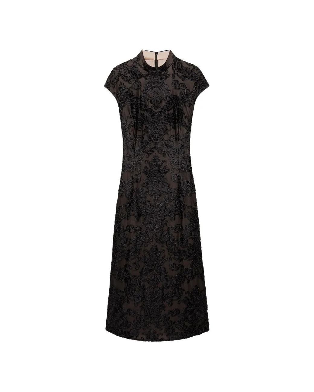 Shanghai Tang Black Qipao Embroidered Midi Dress