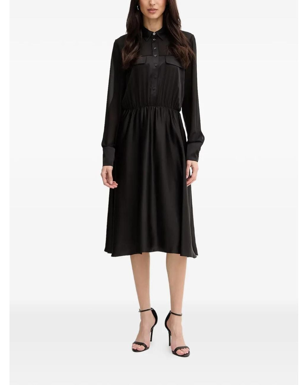 Fracomina Black Button-Up Silk-Satin Midi Dress