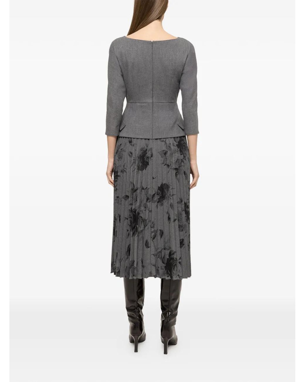 Nissa Gray Pleated Floral Midi Dress