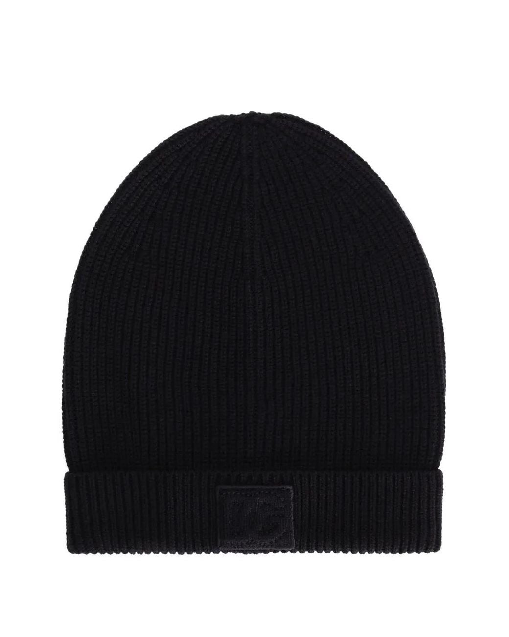 Dolce & Gabbana Black Ribbed Logo-Patch Beanie Hat for men
