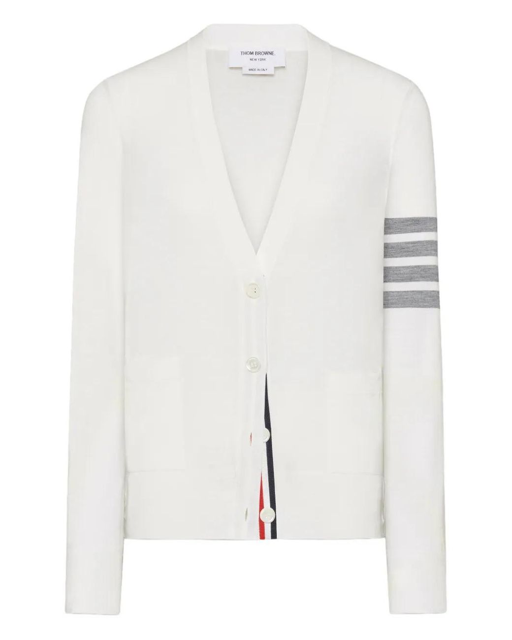 Thom Browne White Merino Wool 4-Bar Relaxed Fit V-Neck Cardigan