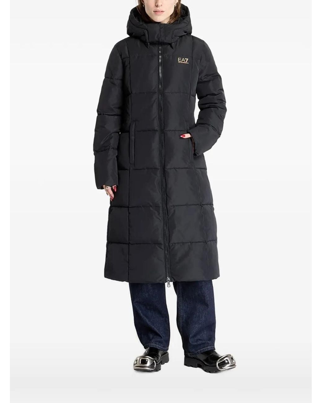 EA7 Black Quilted Hooded Coat
